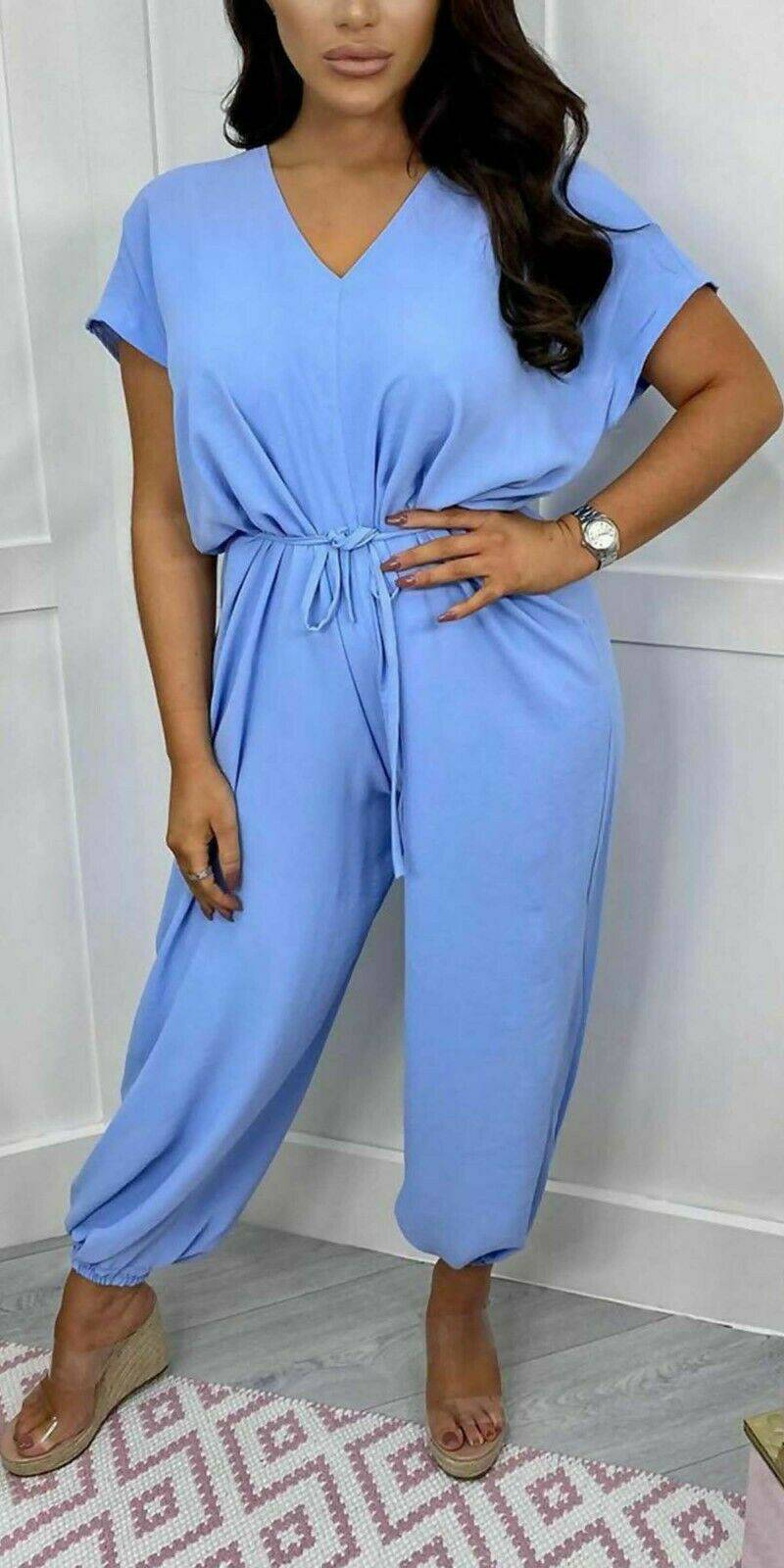 V-Neck Short Sleeved Tied Belted Jumpsuit - omgfashion.com
