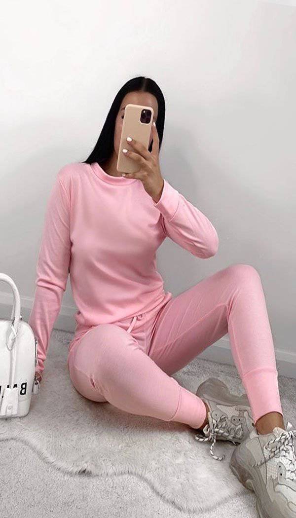 Long Sleeved Round Neck Quality Plain Loungewear Tracksuit - omgfashion.com