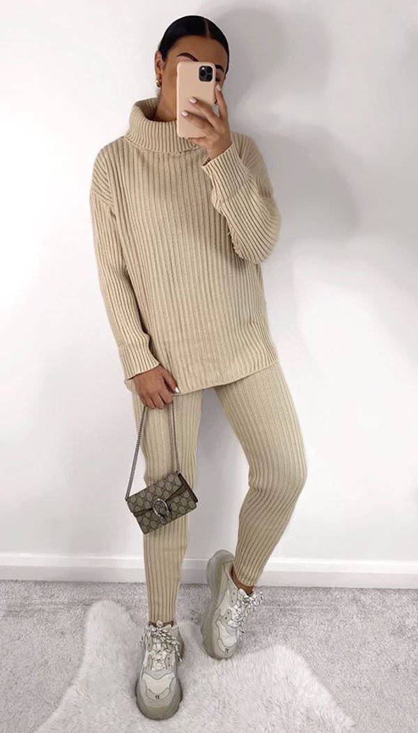 Chunky Ribbed Roll Neck Legging Co-ord Set (50% off sale) - omgfashion.com
