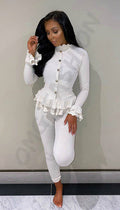 Peplum Ribbed  Button Two Piece Co-ord with Frill Sleeve and Hem - omgfashion.com