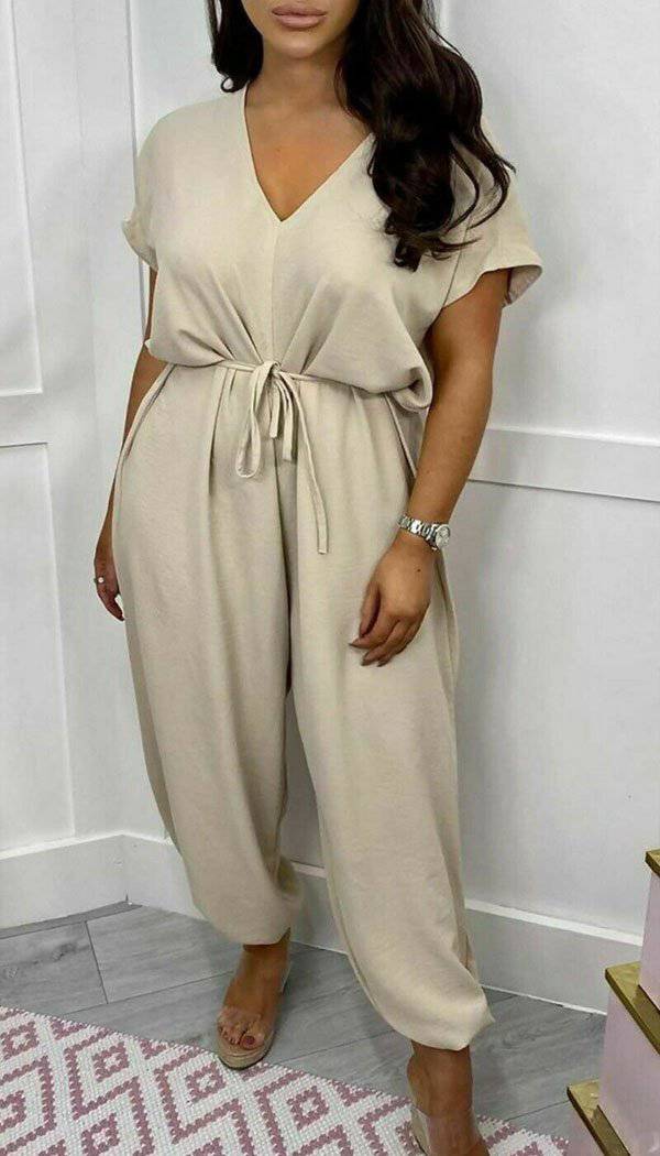 V-Neck Short Sleeved Tied Belted Jumpsuit - omgfashion.com