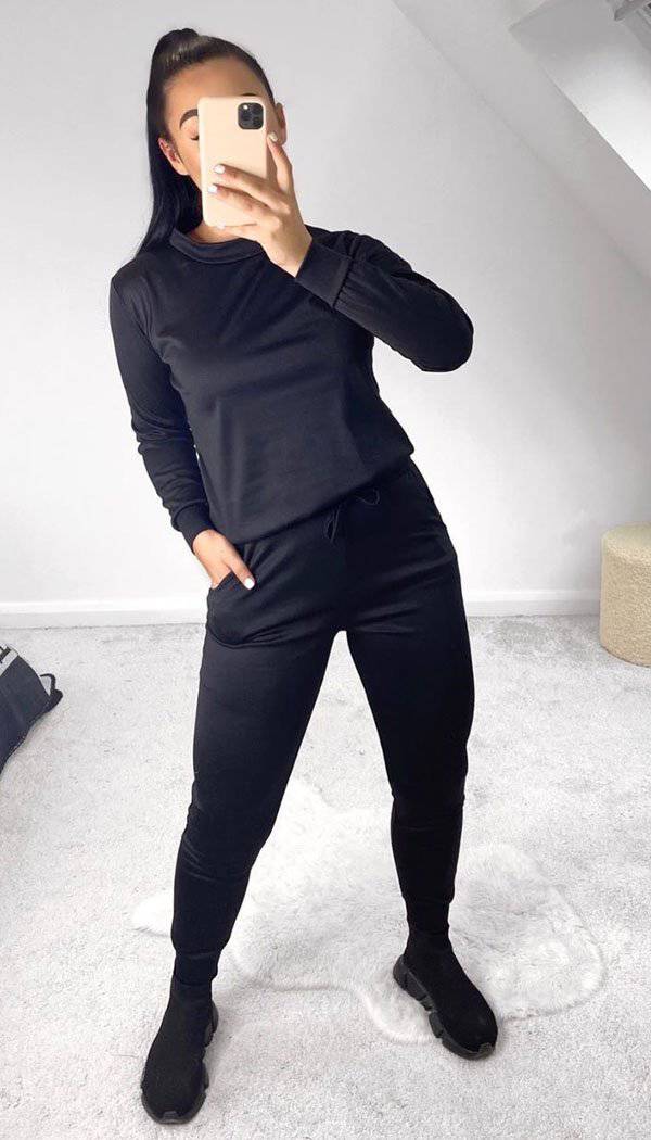Long Sleeved Round Neck Quality Plain Loungewear Tracksuit - omgfashion.com