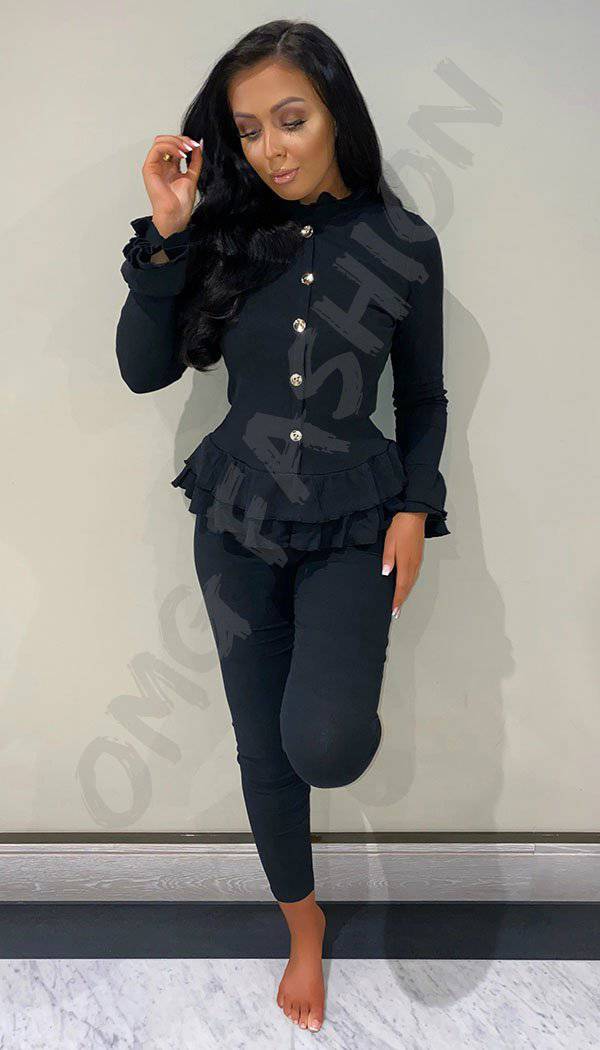 Peplum Ribbed  Button Two Piece Co-ord with Frill Sleeve and Hem - omgfashion.com