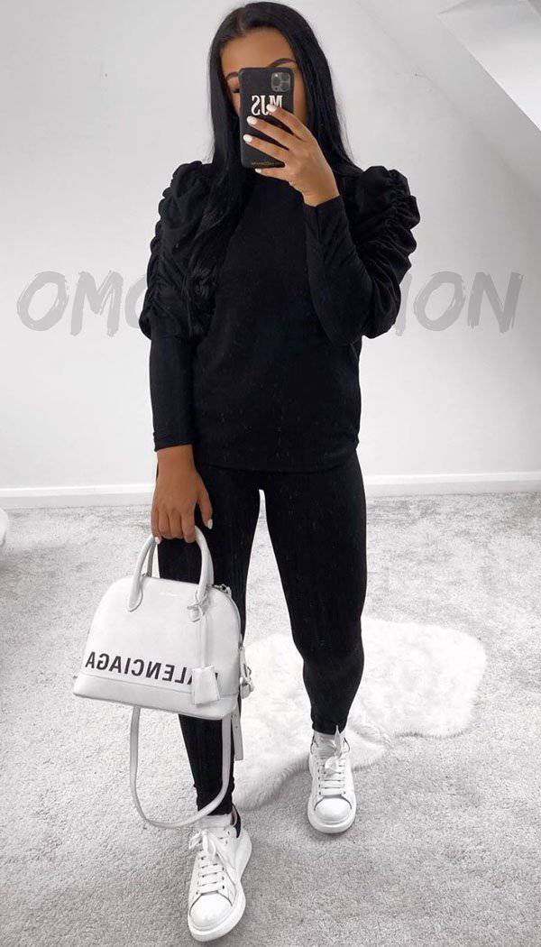 Ruched Sleeved Ribbed Lounge Wear Two Piece - omgfashion.com