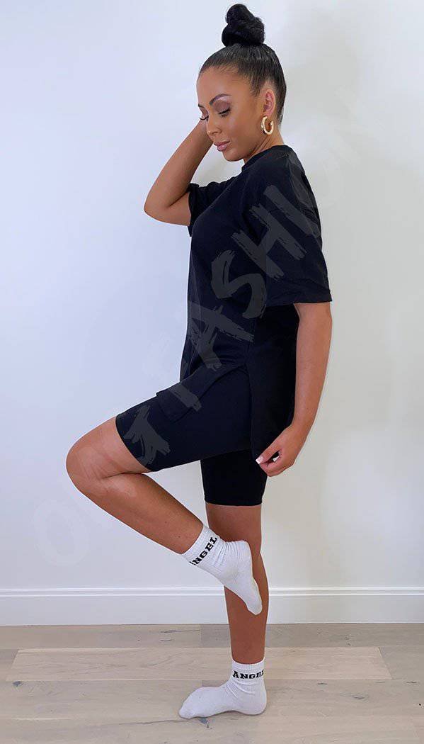 Split Hem Cycling Shorts and T-shirt Two Piece Set - omgfashion.com
