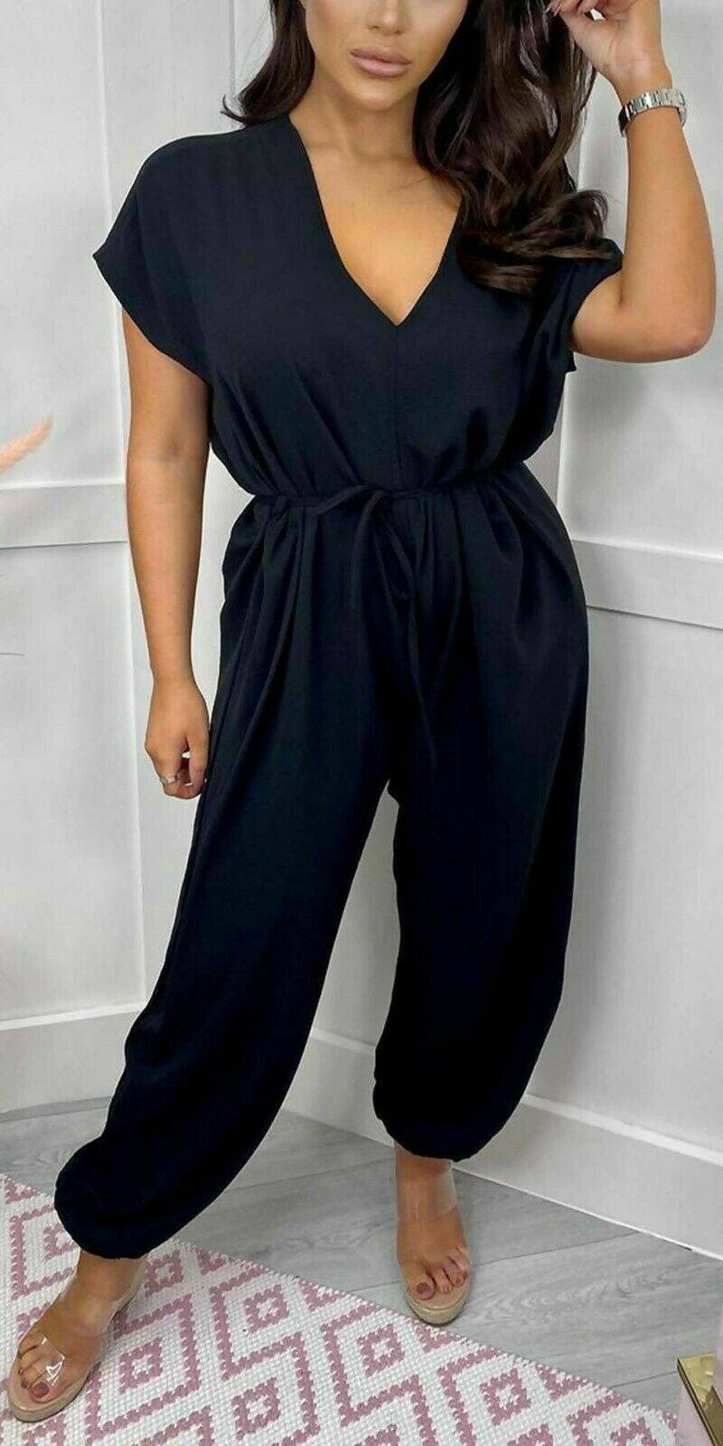 V-Neck Short Sleeved Tied Belted Jumpsuit - omgfashion.com