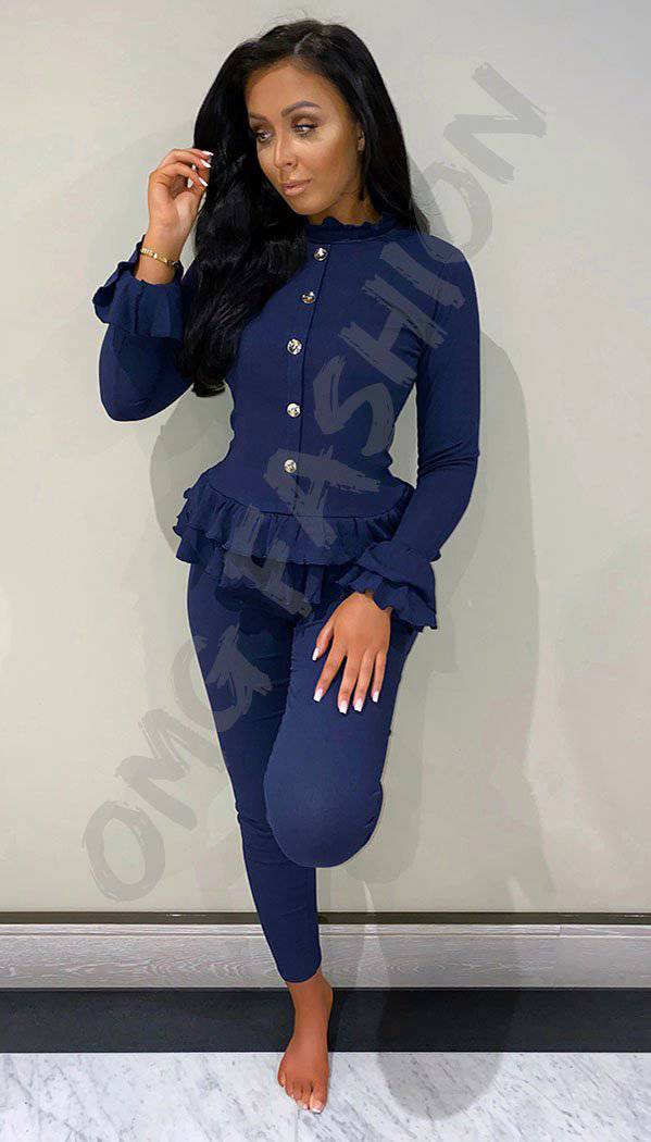 Peplum Ribbed  Button Two Piece Co-ord with Frill Sleeve and Hem - omgfashion.com