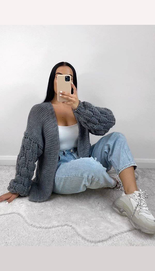 Bubble Sleeved Knitted Cardigan - omgfashion.com