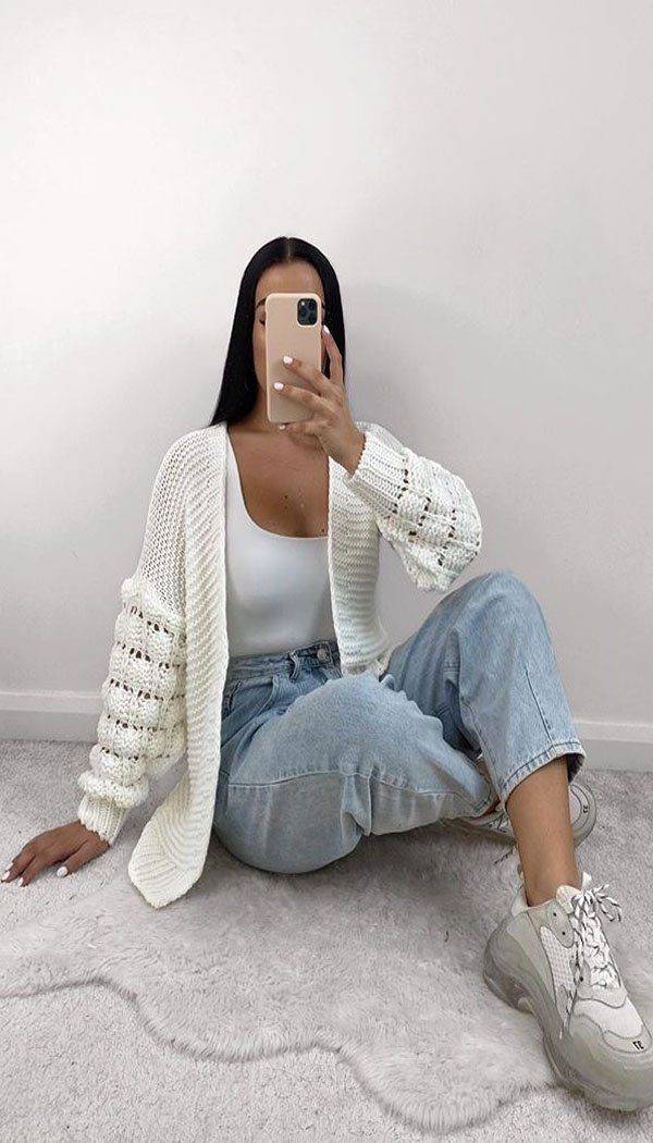 Bubble Sleeved Knitted Cardigan - omgfashion.com