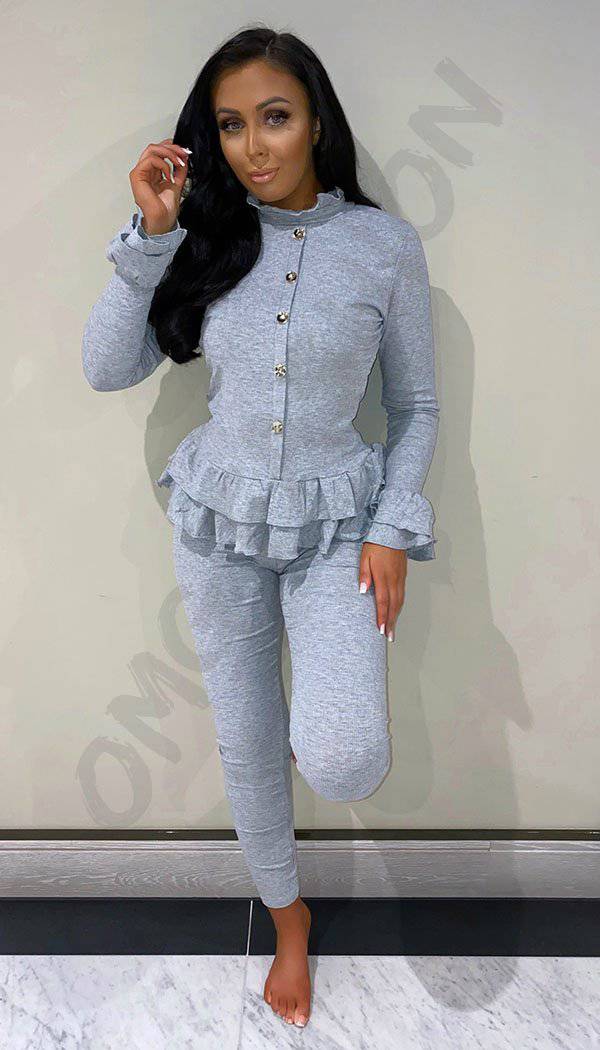 Peplum Ribbed  Button Two Piece Co-ord with Frill Sleeve and Hem - omgfashion.com