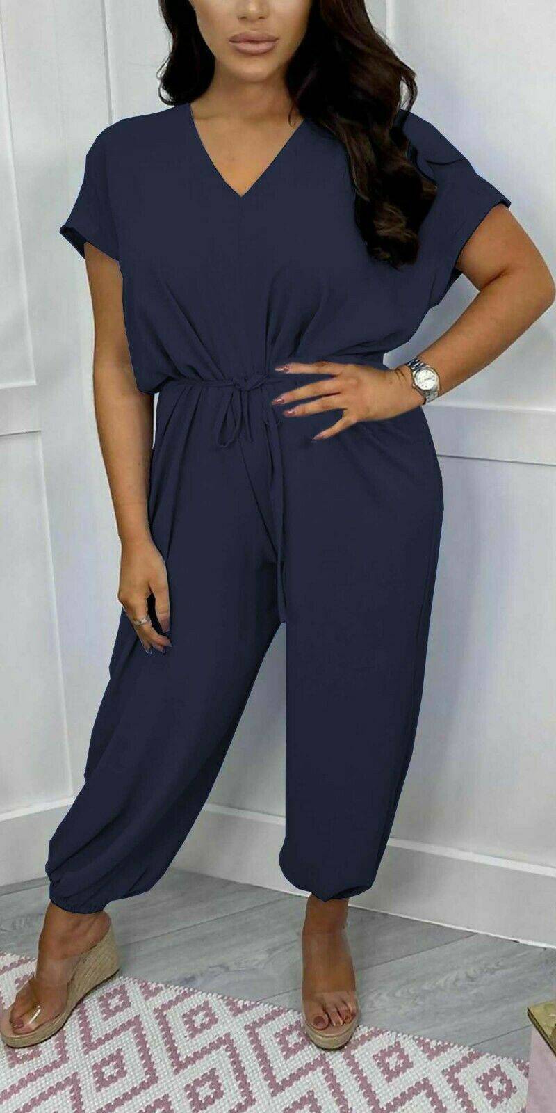 V-Neck Short Sleeved Tied Belted Jumpsuit - omgfashion.com