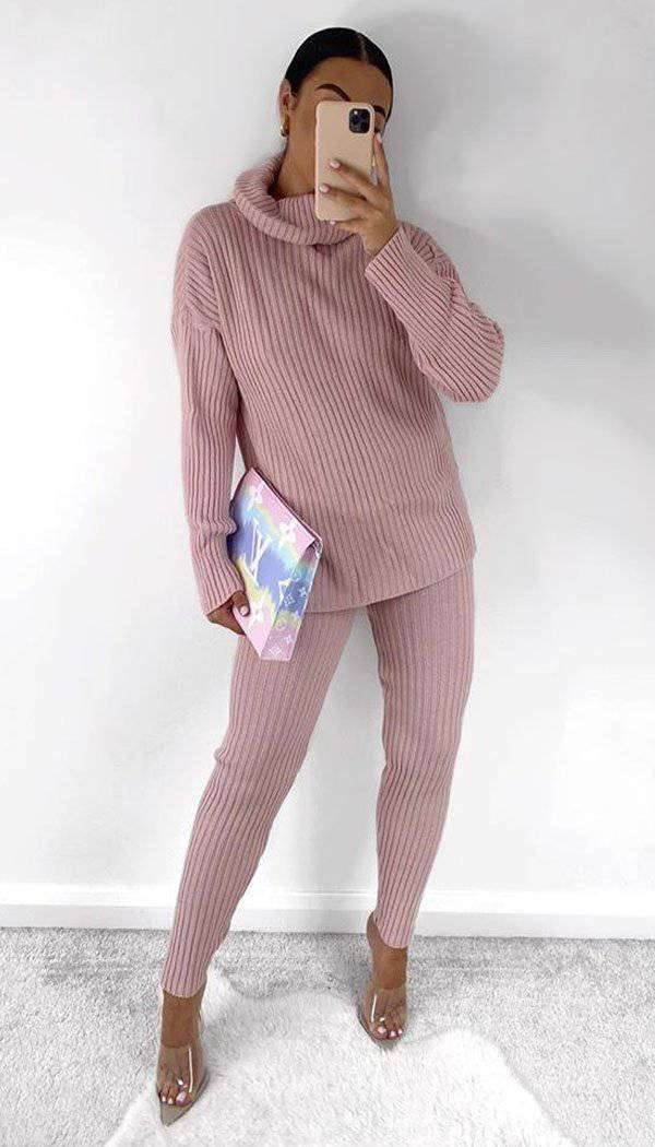 Chunky Ribbed Roll Neck Legging Co-ord Set (50% off sale) - omgfashion.com