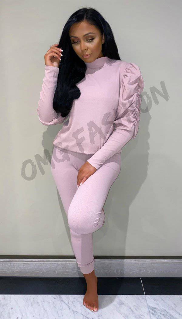Ruche Ruffle Sleeved Lounge Two Piece Set - omgfashion.com
