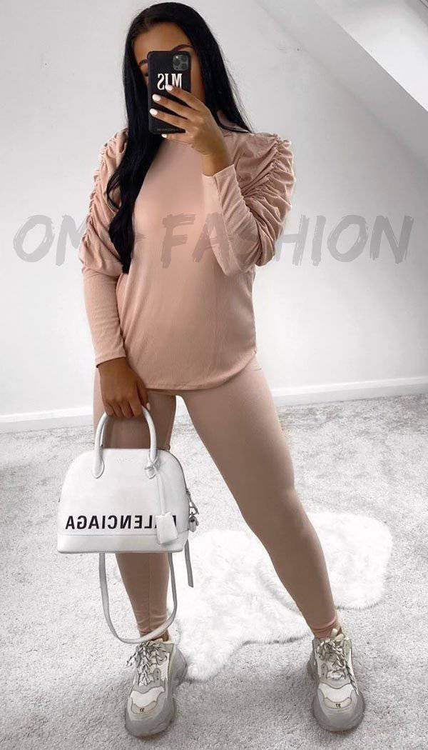 Ruched Sleeved Ribbed Lounge Wear Two Piece - omgfashion.com