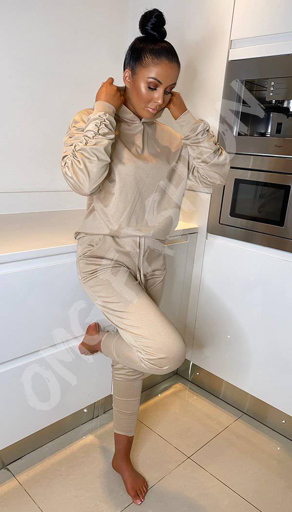 Ponti Hooded Ruche Sleeved Lounge Wear Tracksuit - omgfashion.com