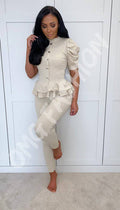 Leggings and Short Sleeved Top Ribbed Button Peplum Two Piece Co-ord - omgfashion.com