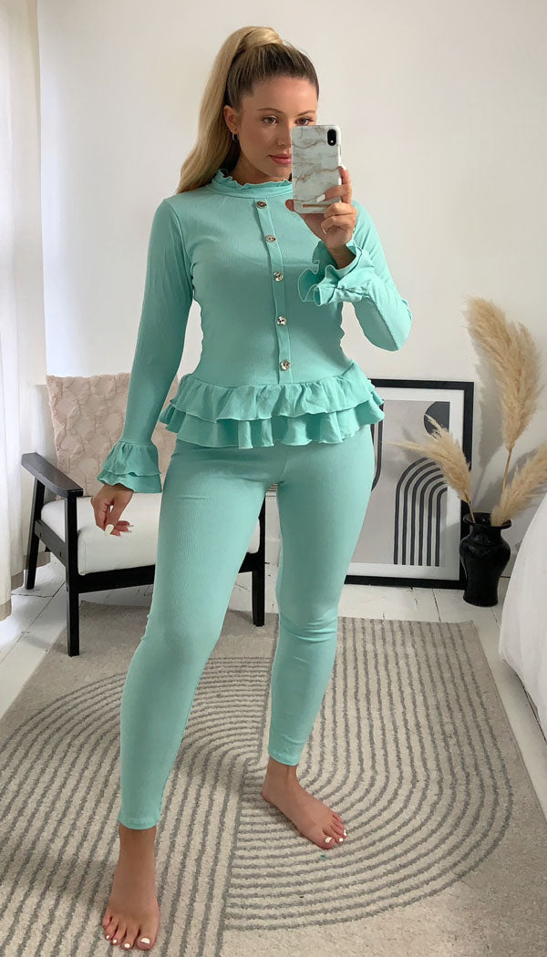 Peplum Ribbed  Button Two Piece Co-ord with Frill Sleeve and Hem