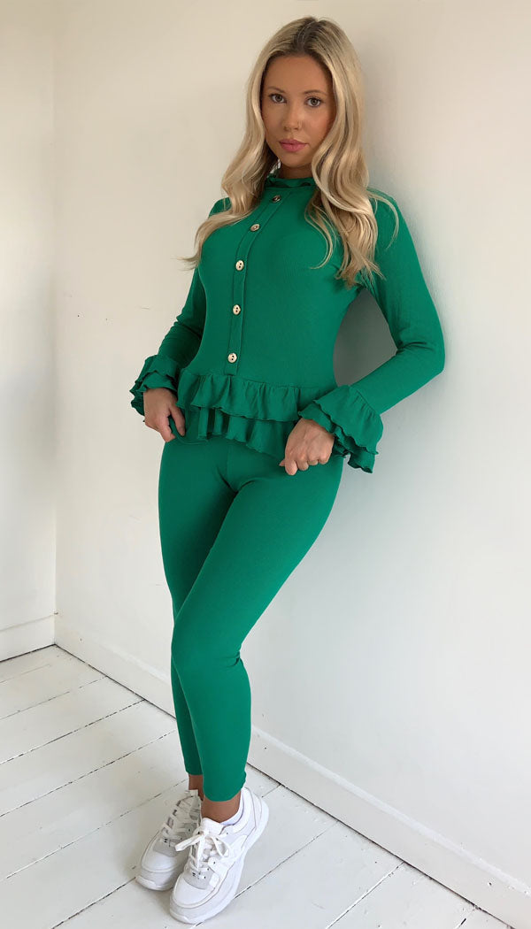 Peplum Ribbed  Button Two Piece Co-ord with Frill Sleeve and Hem - omgfashion.com
