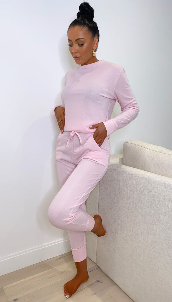 Long Sleeved Plain Lounge Wear Two Piece - omgfashion.com