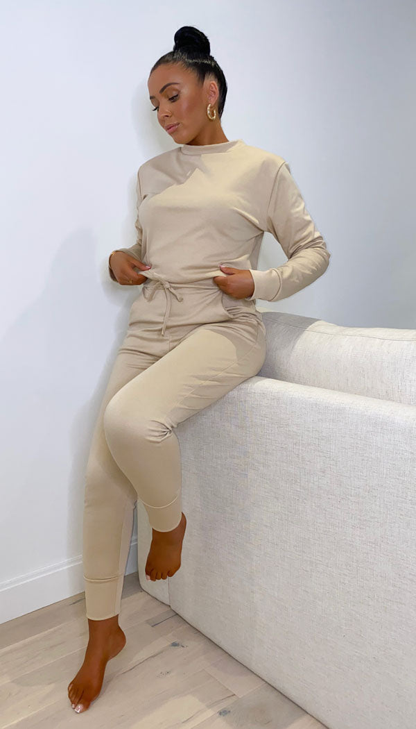 Long Sleeved Plain Lounge Wear Two Piece - omgfashion.com