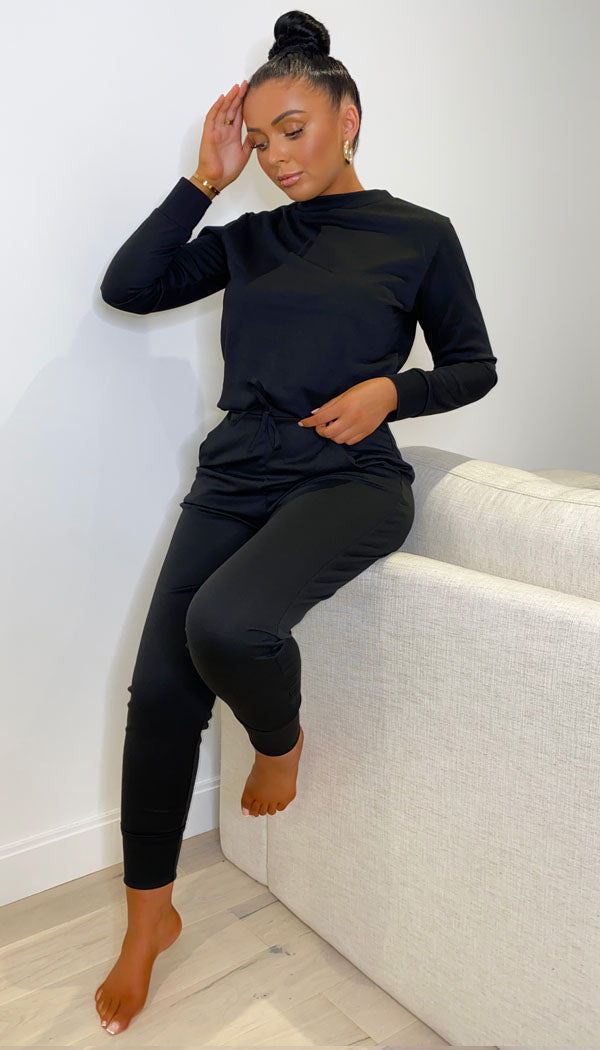 Long Sleeved Plain Lounge Wear Two Piece - omgfashion.com