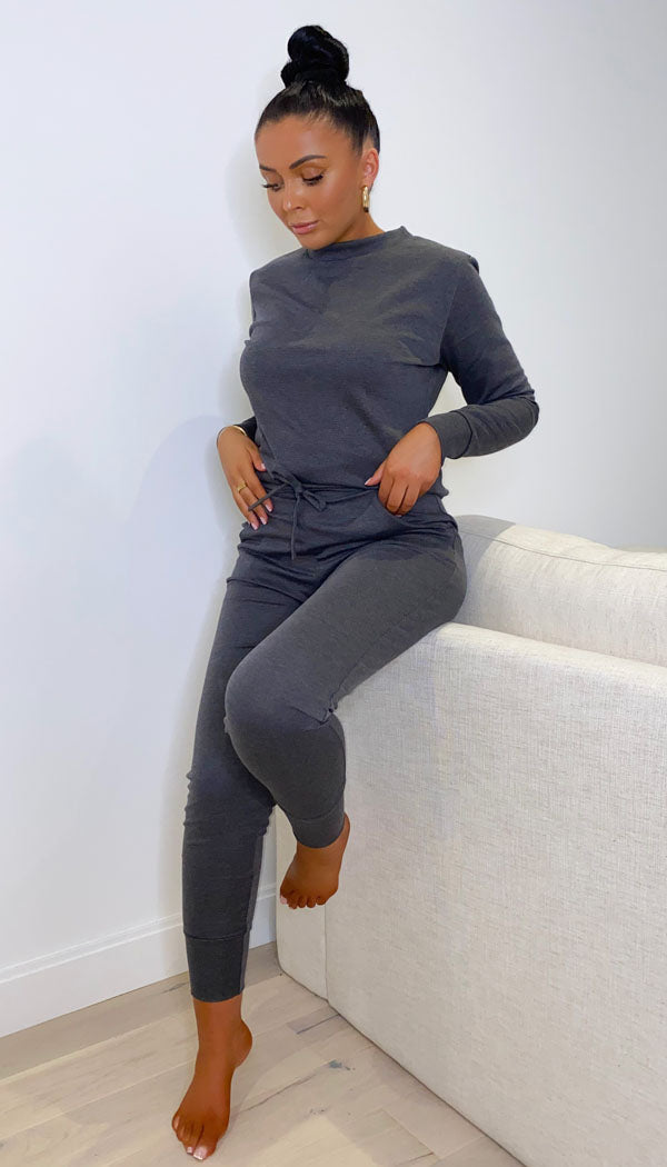Long Sleeved Plain Lounge Wear Two Piece - omgfashion.com