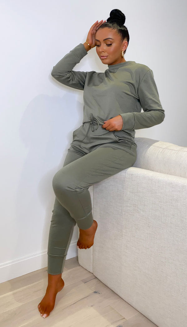 Long Sleeved Plain Lounge Wear Two Piece - omgfashion.com