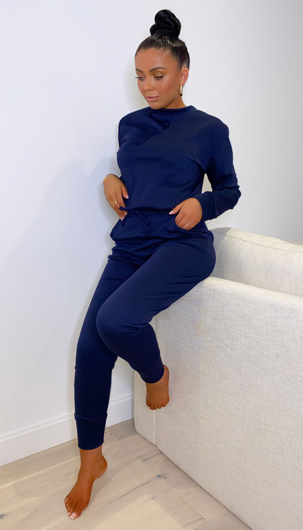Long Sleeved Plain Lounge Wear Two Piece - omgfashion.com