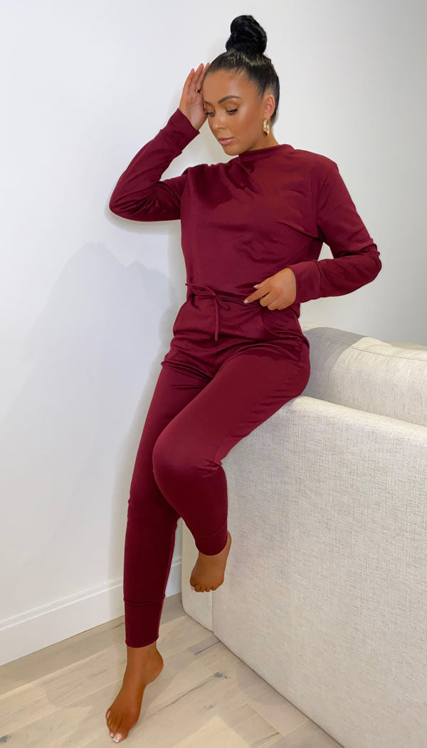 Long Sleeved Plain Lounge Wear Two Piece - omgfashion.com
