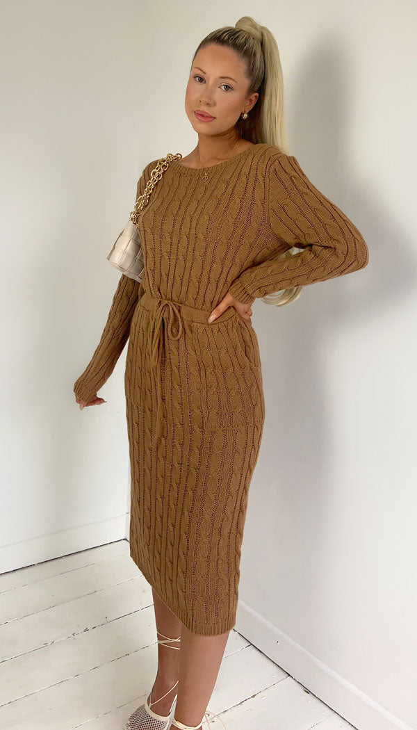 Pocket  Knitted Tied Knitted Midi Dress - omgfashion.com