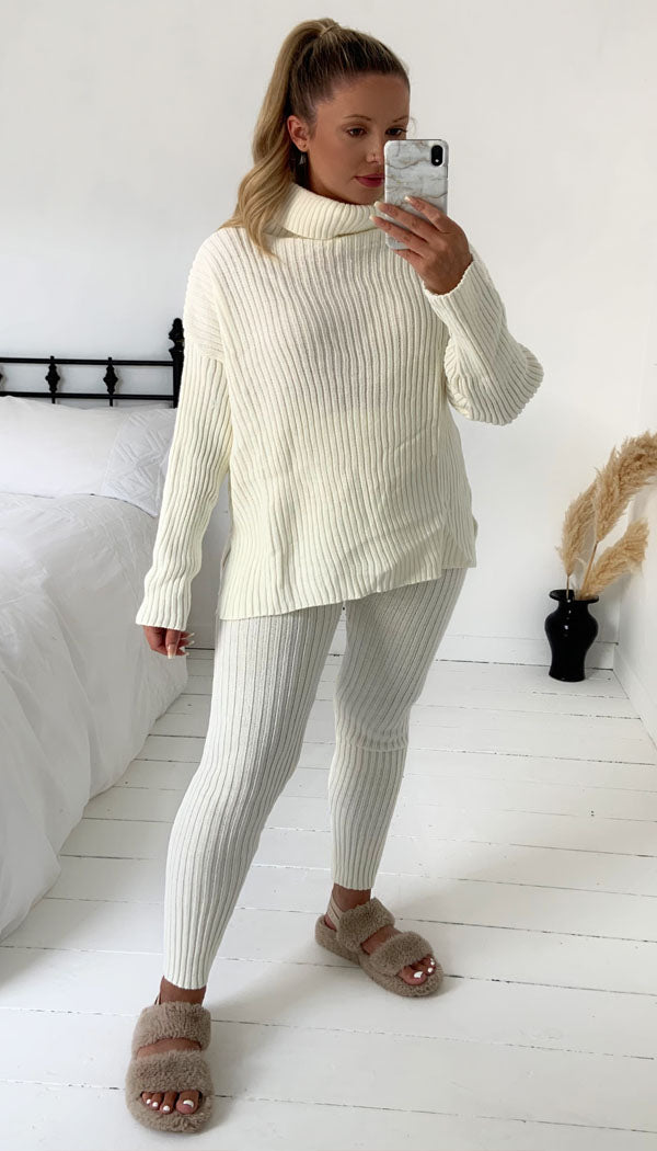 Knitted Roll Neck Ribbed Two Piece Set