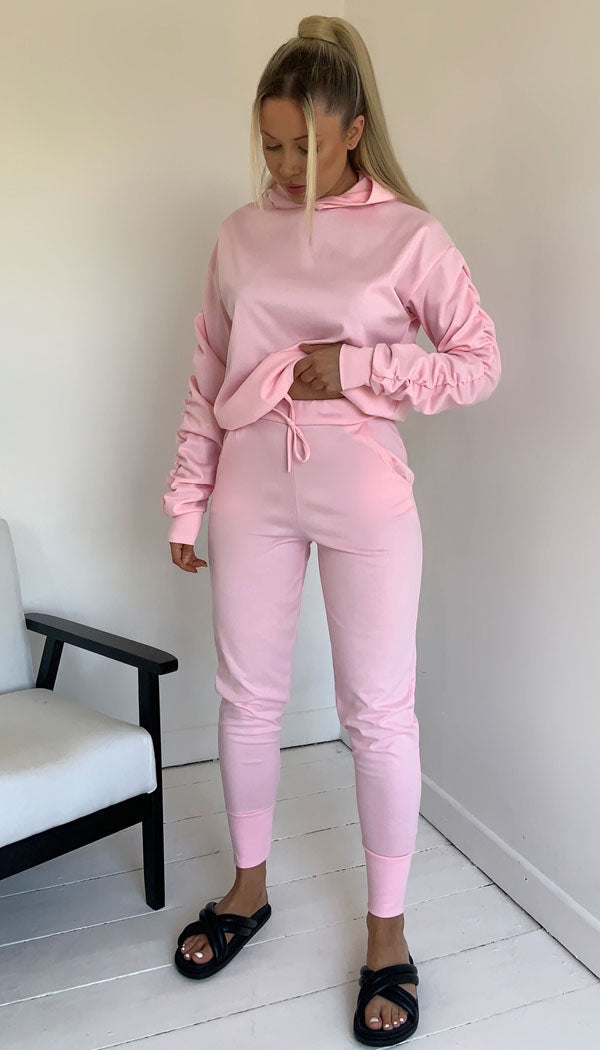 Ponti Hooded Ruche Sleeved Lounge Wear Tracksuit - omgfashion.com