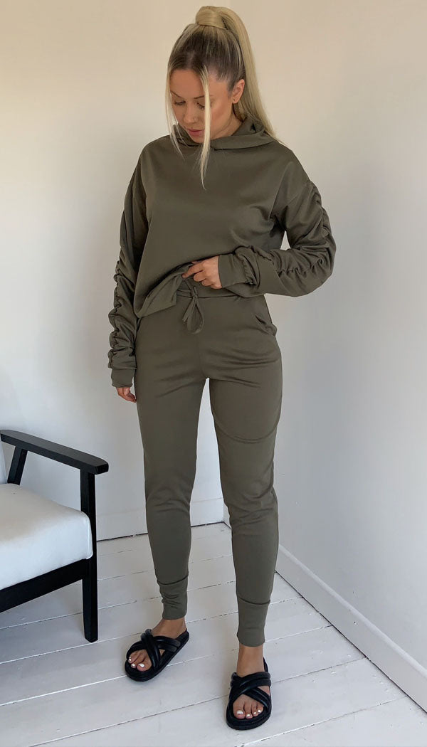Ponti Hooded Ruche Sleeved Lounge Wear Tracksuit - omgfashion.com