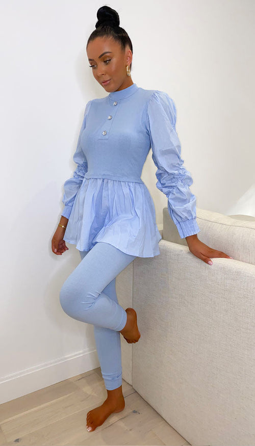 Button Peplum Shirt Contrast Two Piece - omgfashion.com