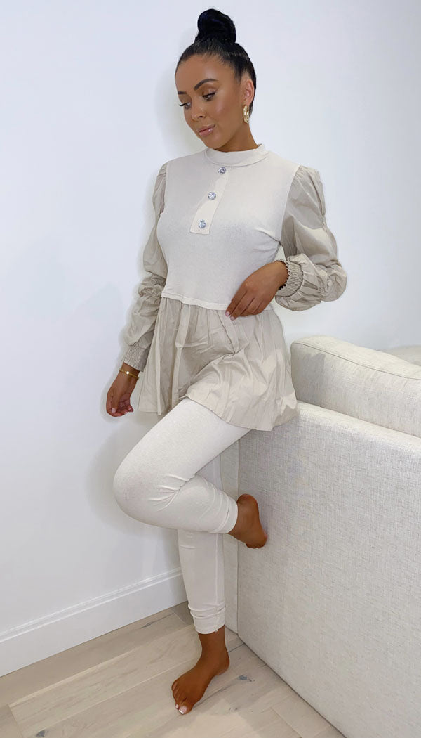 Button Peplum Shirt Contrast Two Piece - omgfashion.com