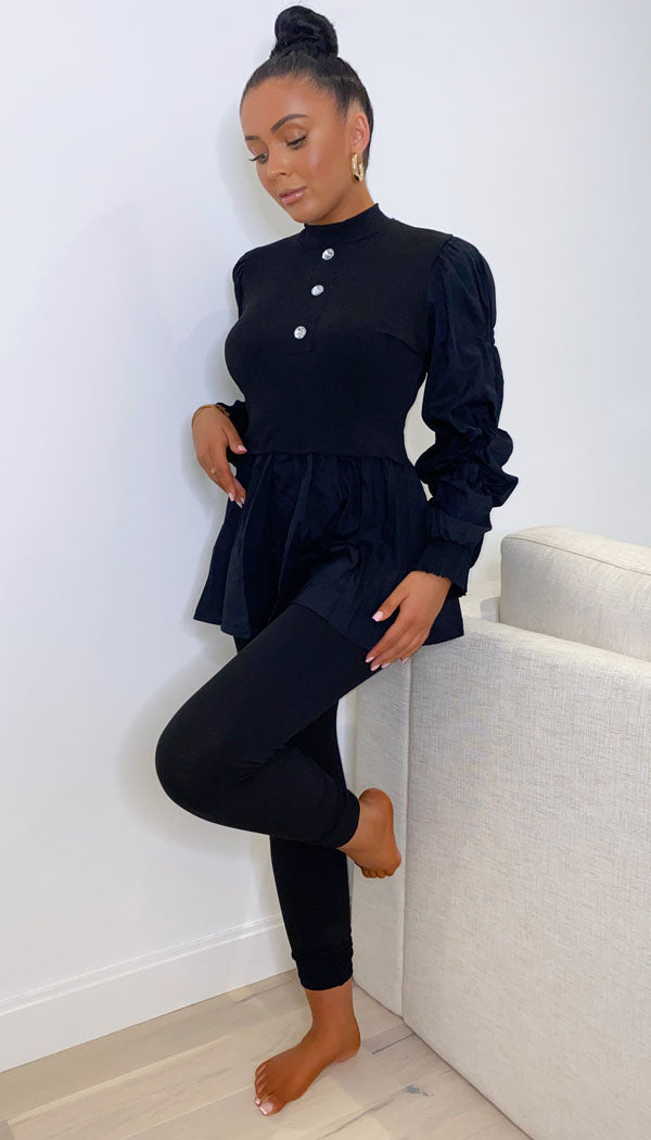 Button Peplum Shirt Contrast Two Piece - omgfashion.com