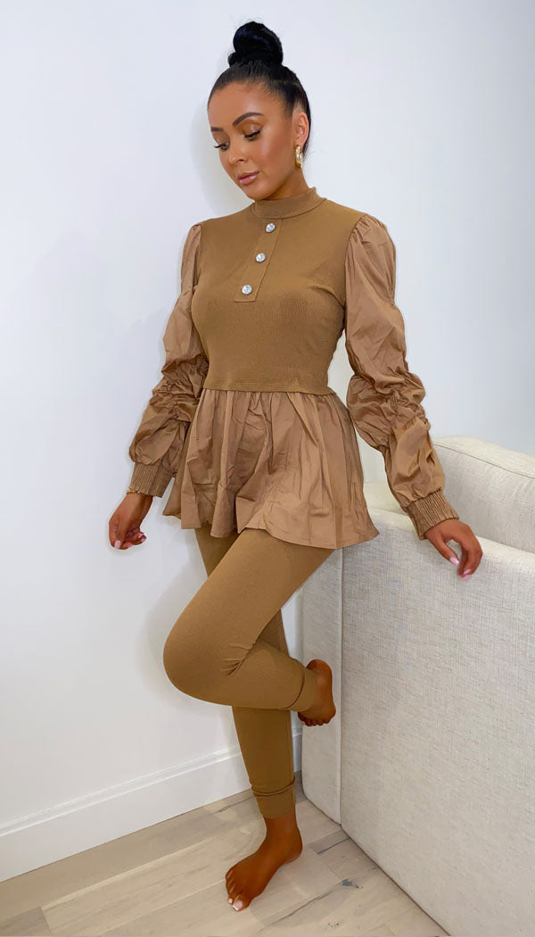 Button Peplum Shirt Contrast Two Piece - omgfashion.com