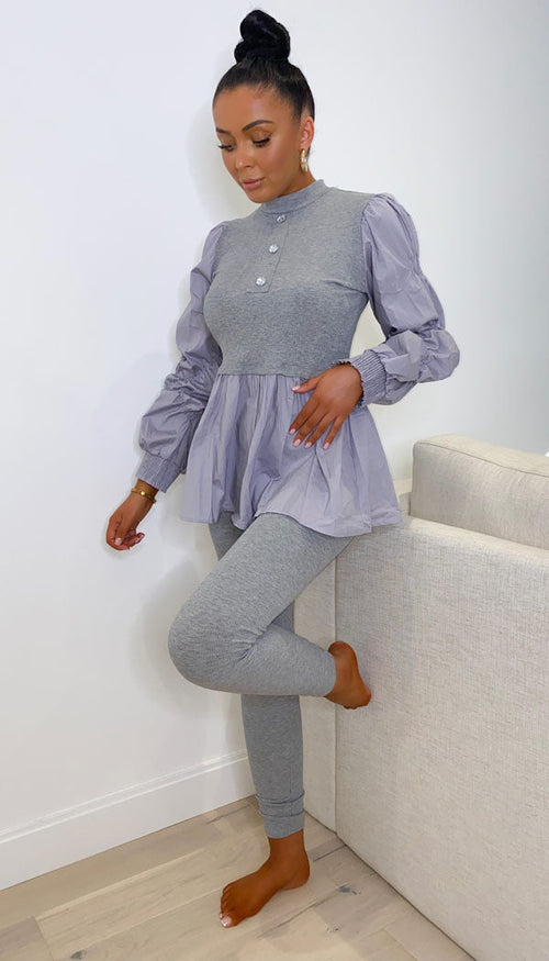 Button Peplum Shirt Contrast Two Piece - omgfashion.com