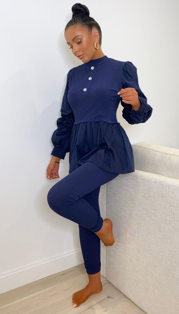Button Peplum Shirt Contrast Two Piece - omgfashion.com