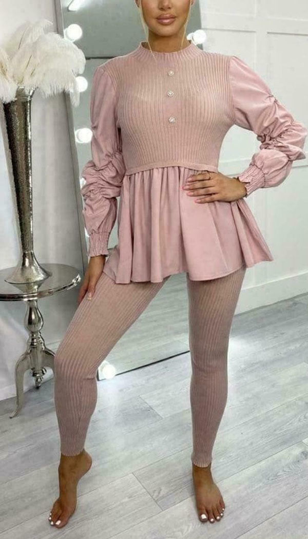 Button Peplum Shirt Contrast Two Piece - omgfashion.com