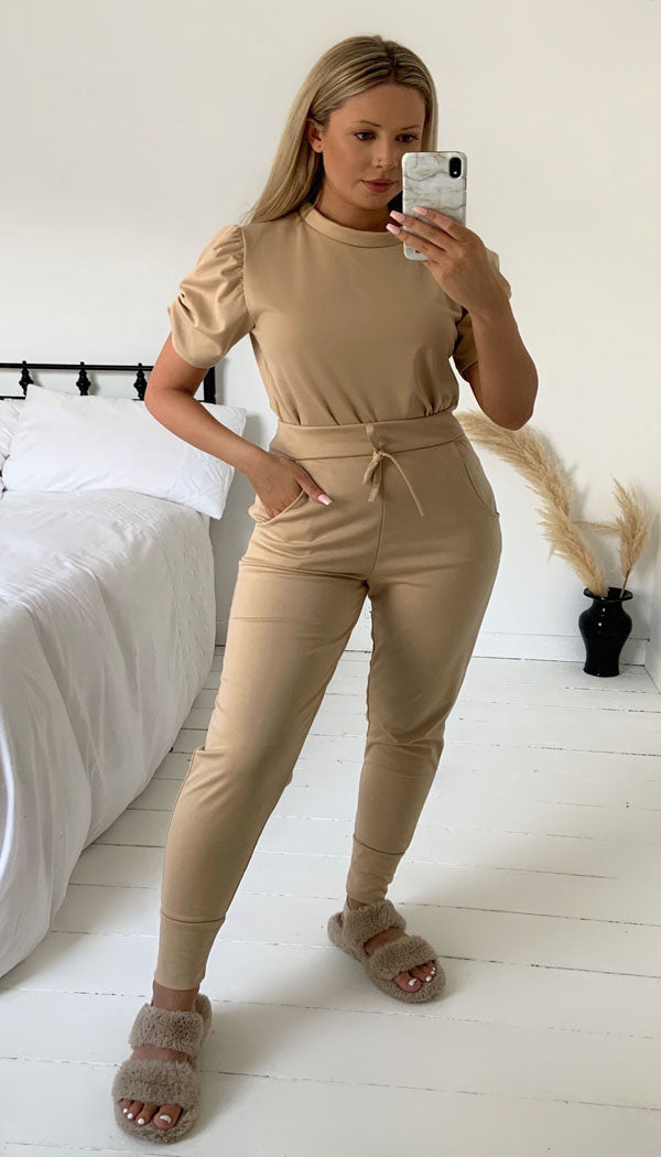 Short Sleeved Ruche Arm Ponti Jogger Two Piece Loungewear Set