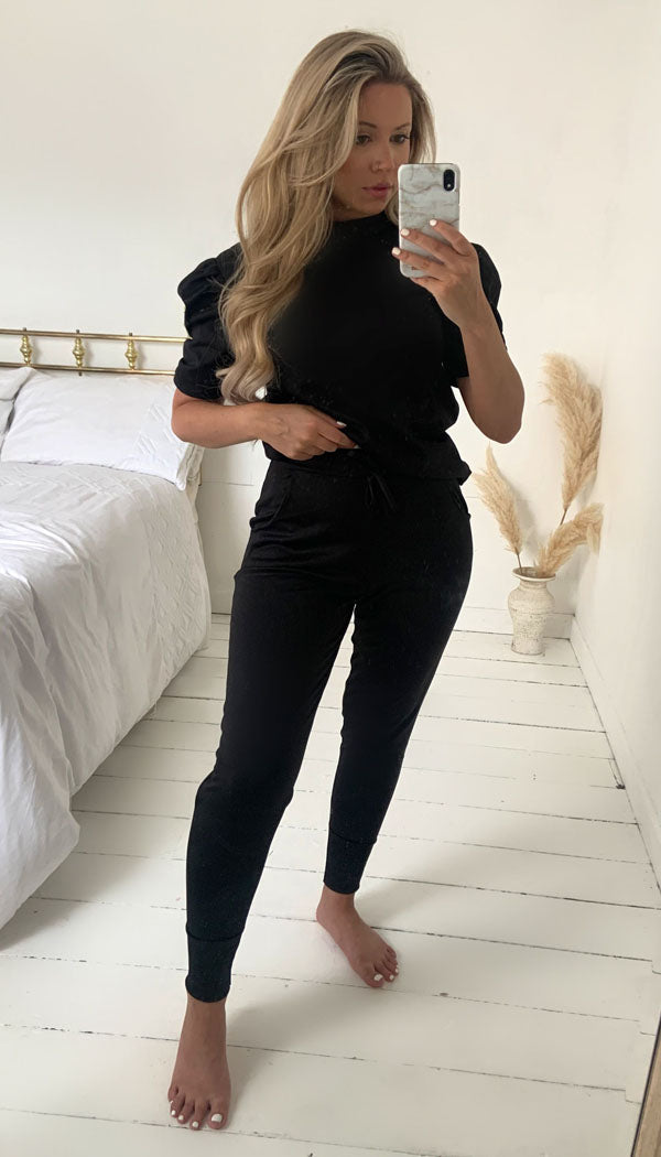 Short Sleeved Ruche Arm Ponti Jogger Two Piece Loungewear Set