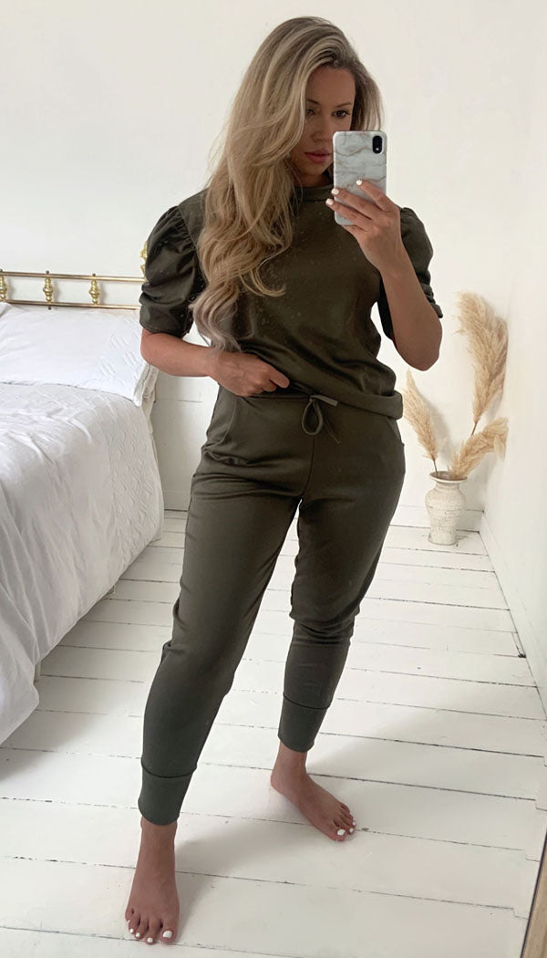 Short Sleeved Ruche Arm Ponti Jogger Two Piece Loungewear Set