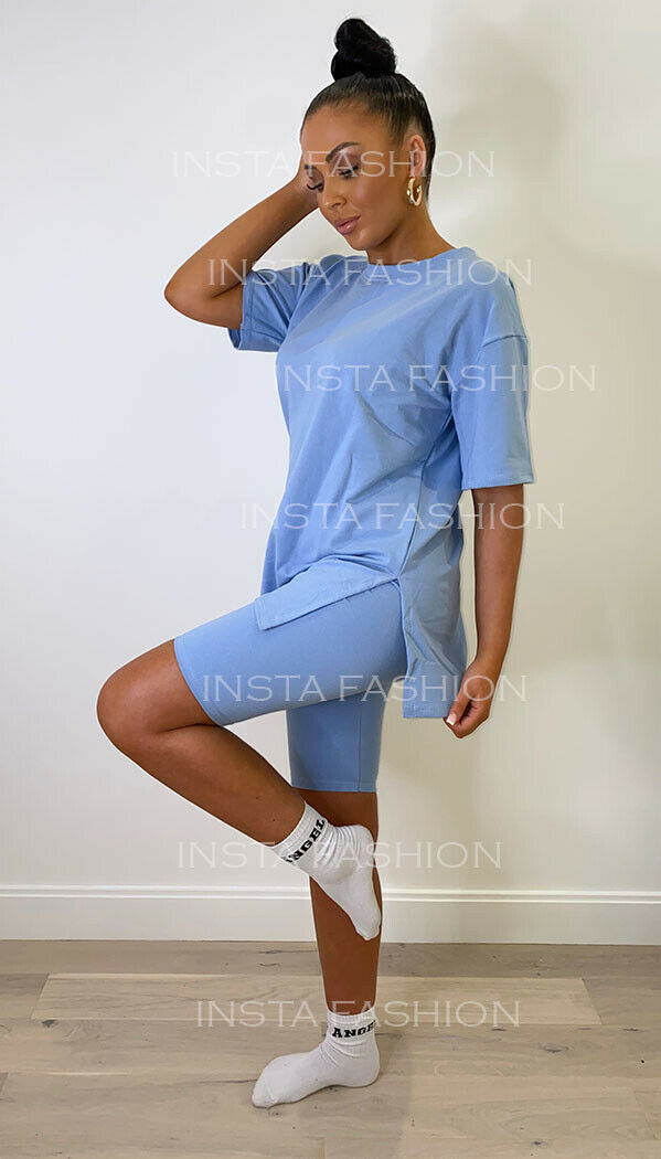 Split Hem Cycling Shorts and T-shirt Two Piece Set - omgfashion.com