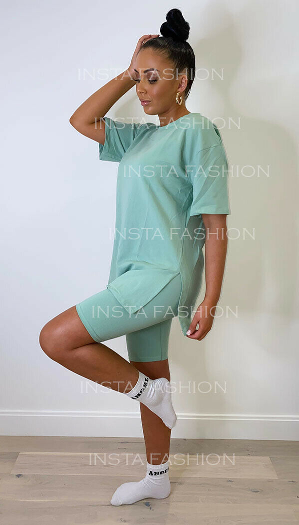 Split Hem Cycling Shorts and T-shirt Two Piece Set - omgfashion.com
