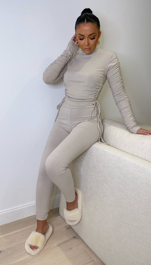 Side String Ruche Arm Lounge Suit Two Piece - omgfashion.com