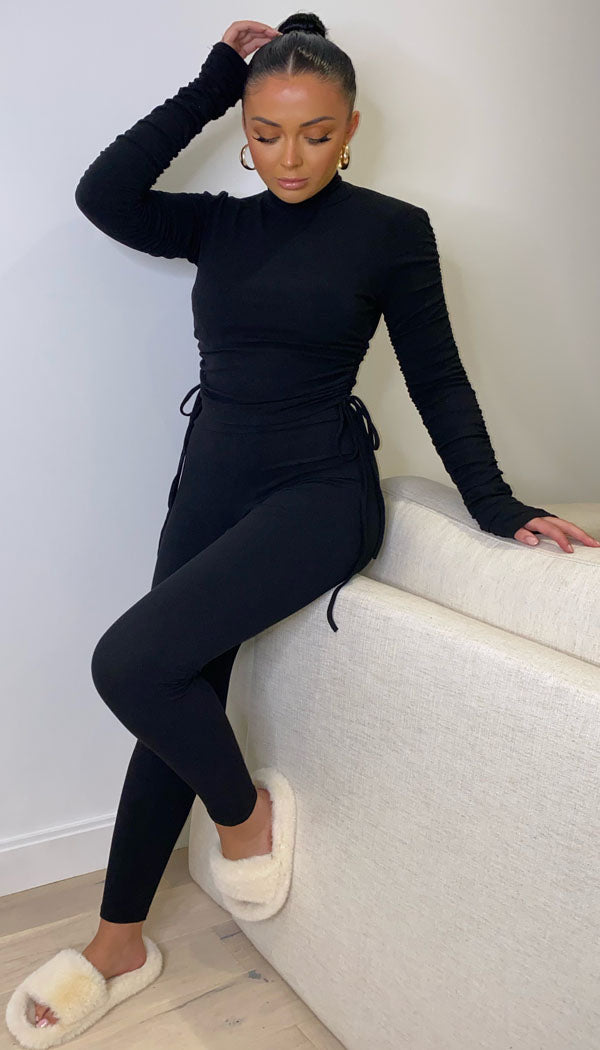Side String Ruche Arm Lounge Suit Two Piece - omgfashion.com