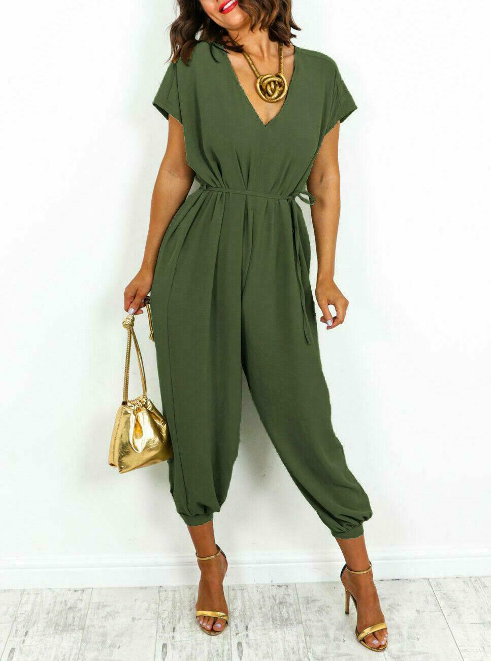V-Neck Short Sleeved Tied Belted Jumpsuit - omgfashion.com
