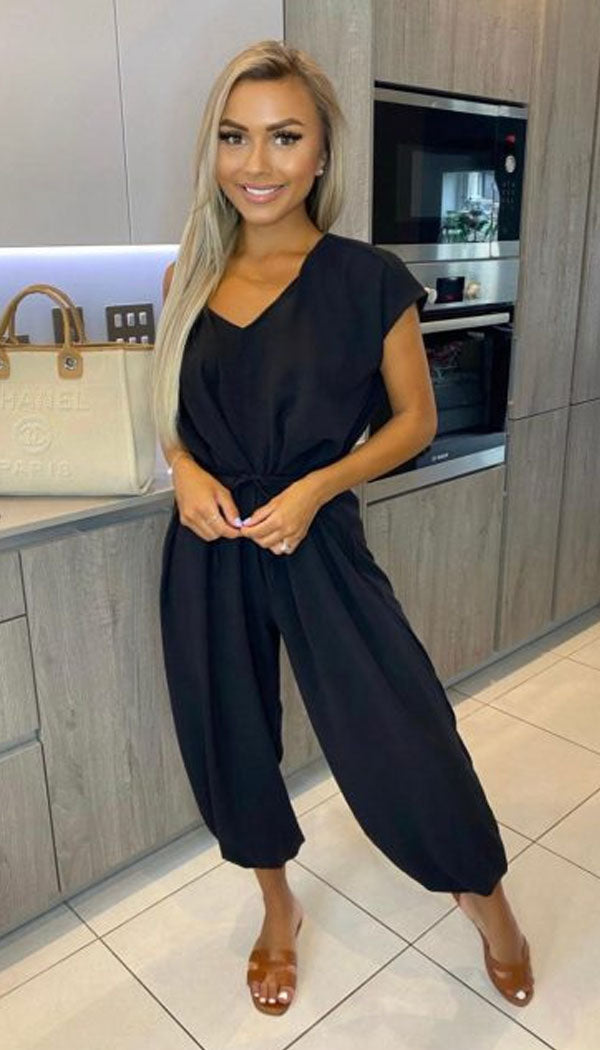 V-Neck Short Sleeved Tied Belted Jumpsuit - omgfashion.com