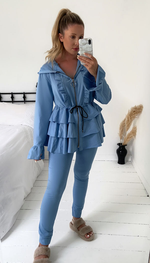 Zip Tied Peplum Two Piece Co-ord with Hoodie and Frill Sleeve